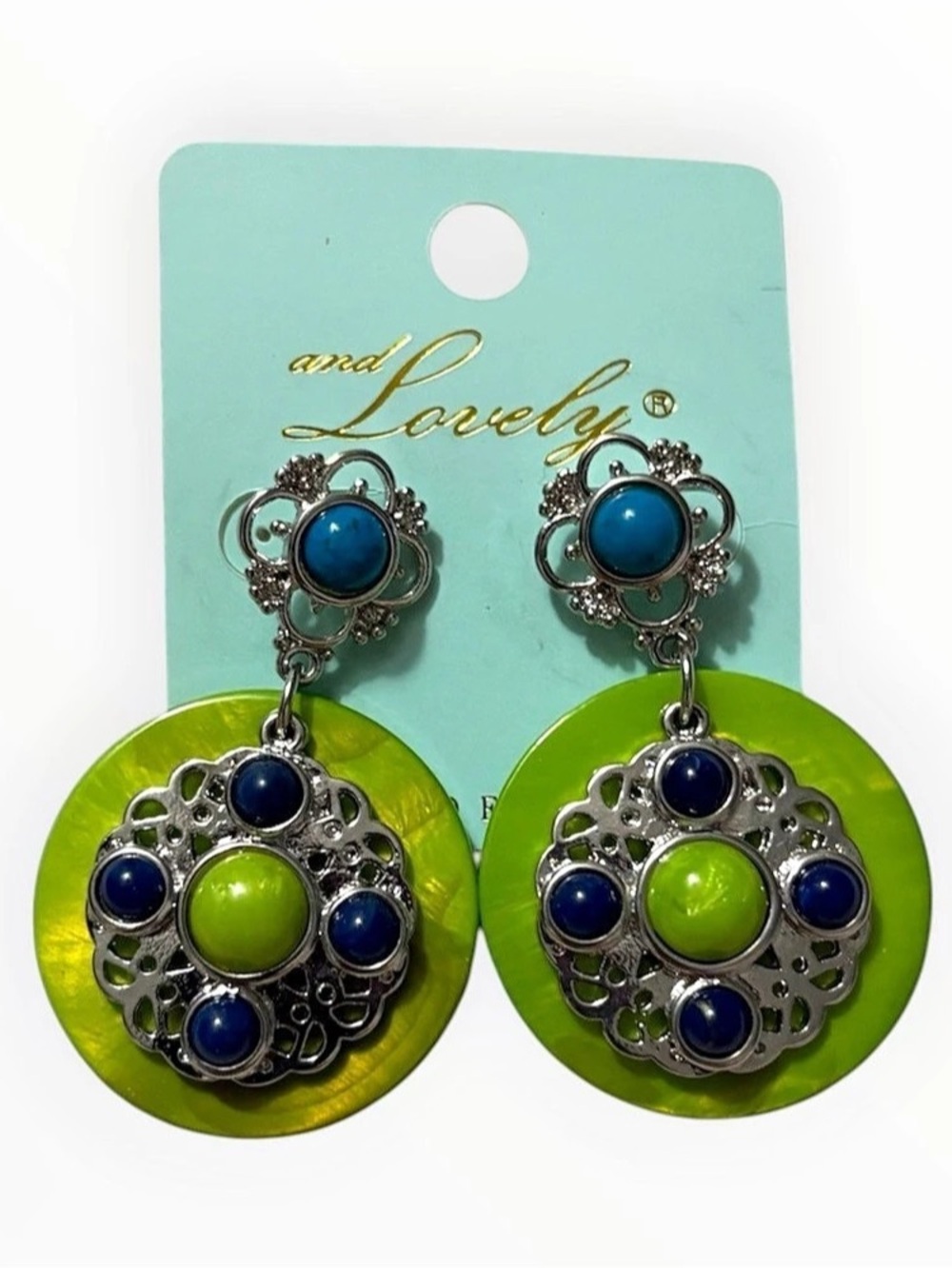 Vintage Style Statement Drop Earrings Boho Lime Green Turquoise Blue Silver tone